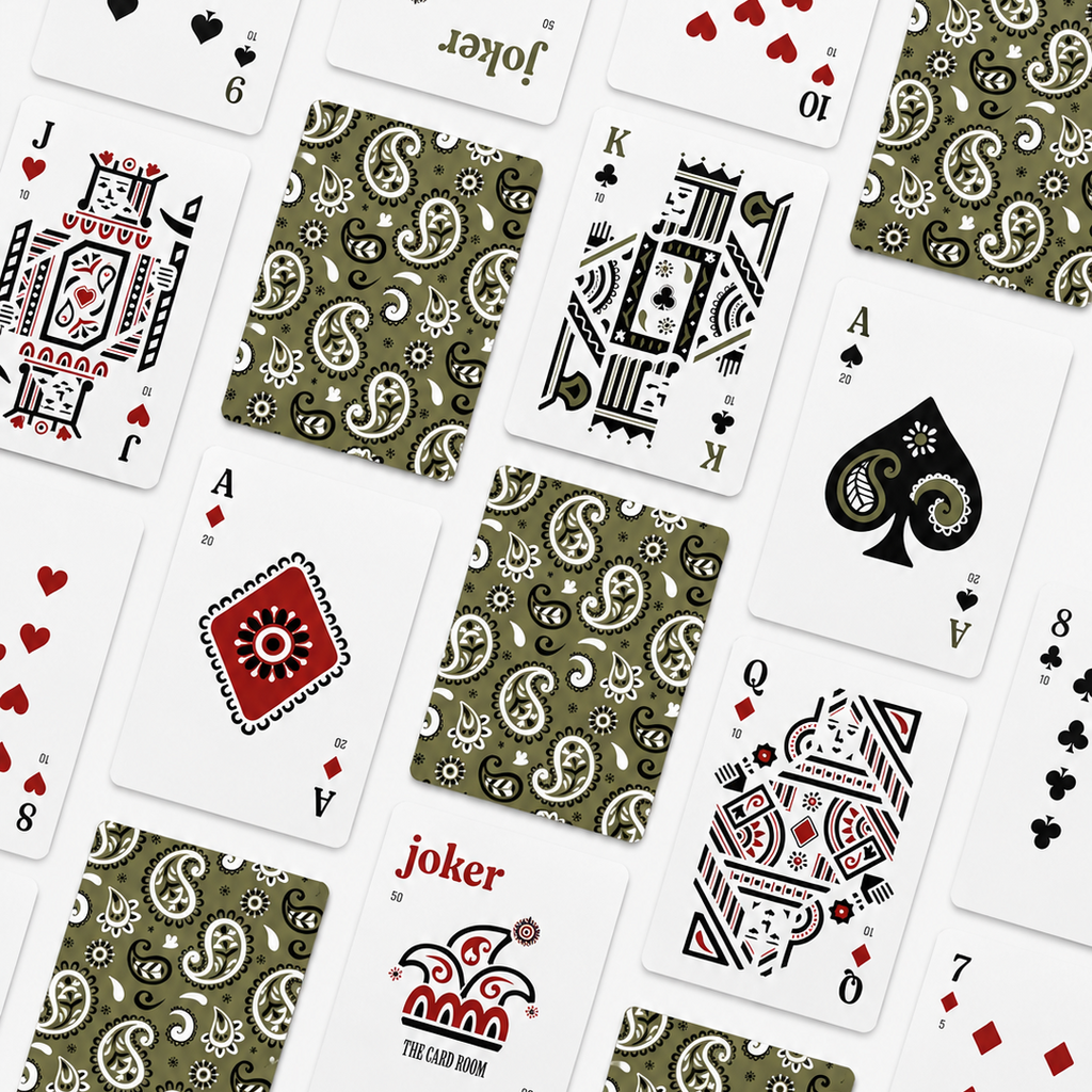 A flat-lay arrangement of playing cards from The Card Room, featuring both front and back designs. The cards display various suit icons, including hearts, spades, clubs, and diamonds, as well as the Joker and King of Spades.