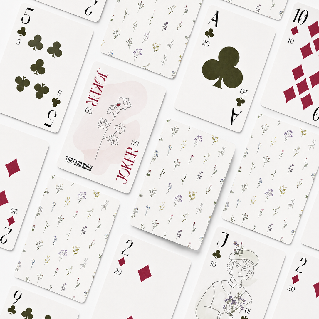A flat-lay arrangement of playing cards on a white background, featuring a white card with a delicate pink floral design and the text 'THE CARD ROOM' alongside 'JOKER'.