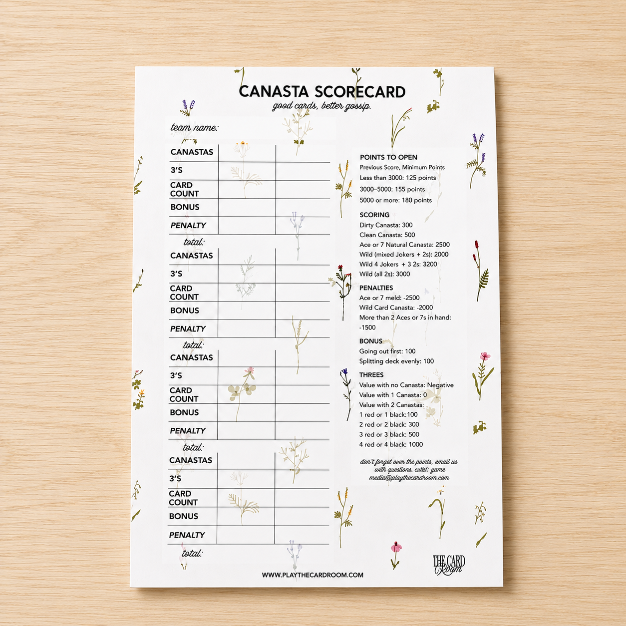 Garden Floral Canasta Scorepad